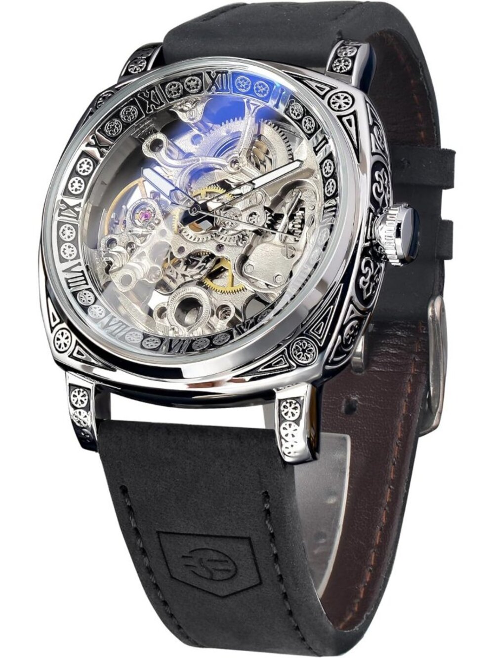 Retro Square Mechanical Watch for Men, Skeleton Design, Vintage Leather Strap